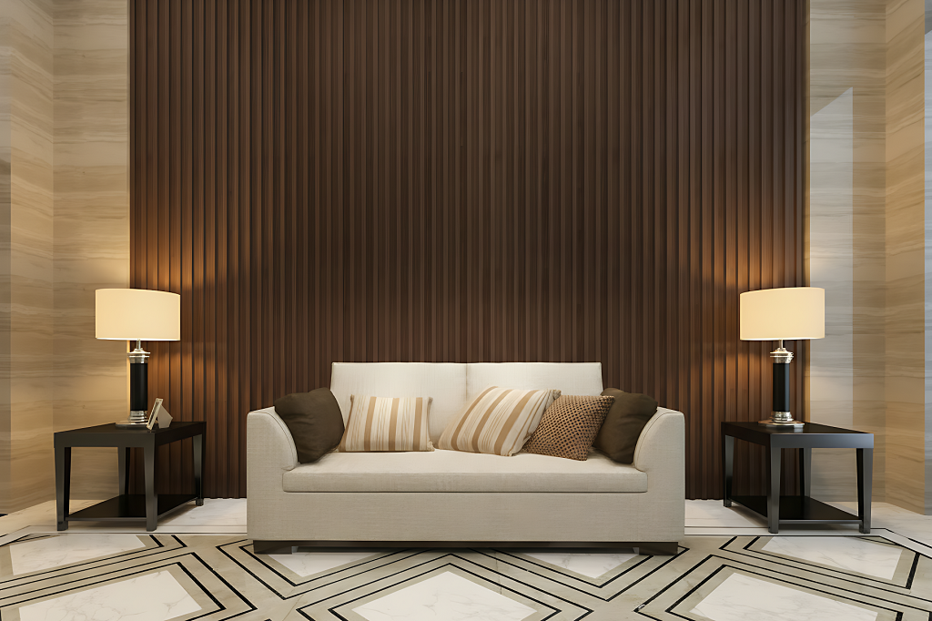 living room with a vertical slat accent wall