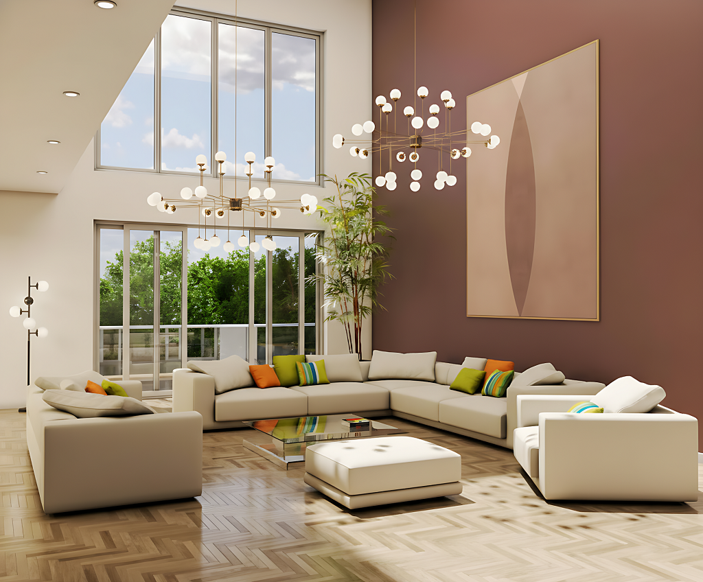 modern high ceiling living room with a large wall artwork on a pink wall
