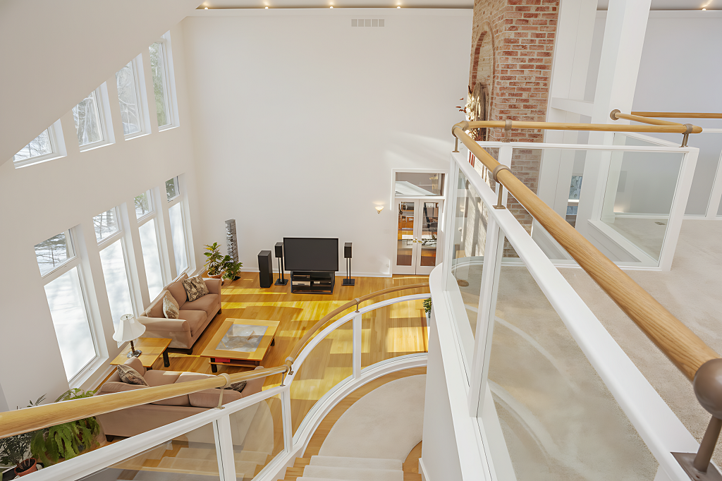 high ceiling living room taken from the second story