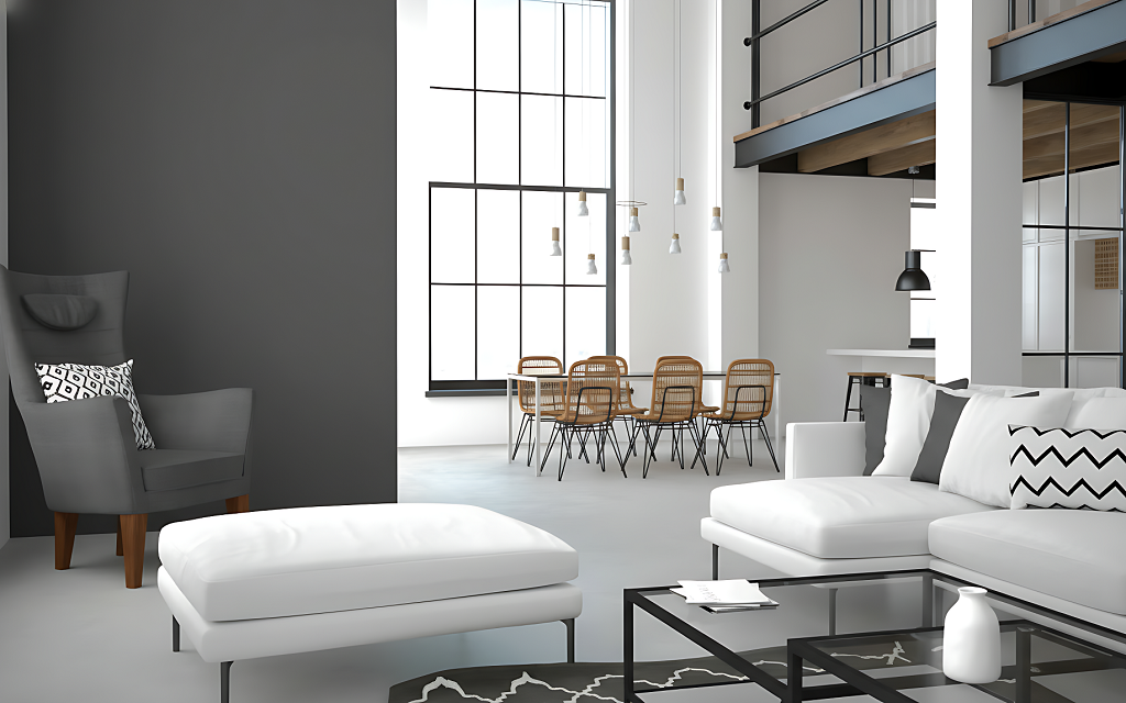 modern high ceiling living room with an open layout