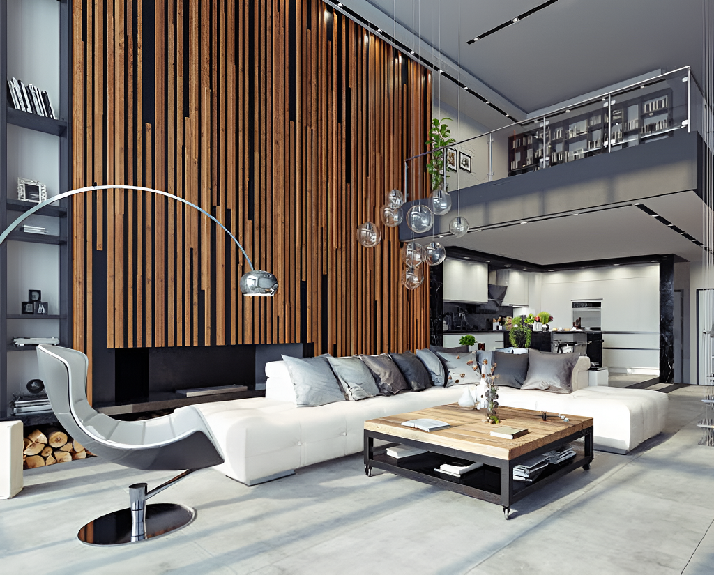 high ceiling living room with a modern accent wall