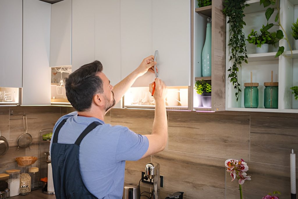 man installing a kitchen cabinet handle