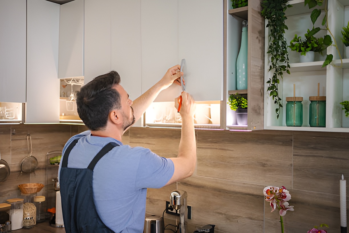 man installing a kitchen cabinet handle